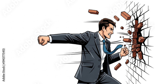 Businessman Breaking Through Wall.
