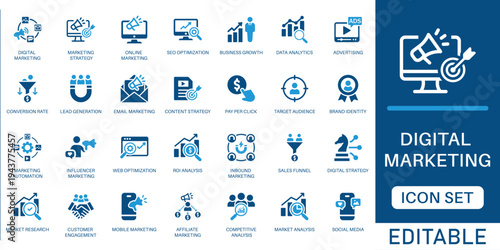 Digital marketing icon set. featuring SEO, data analytics, advertising, and marketing automation elements in blue flat design style for business agencies and web services.