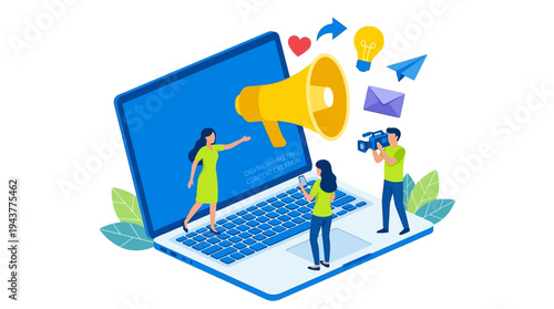 Digital Marketing and Content Creation Concept Isometric Illustration with Characters and Social Media Icons