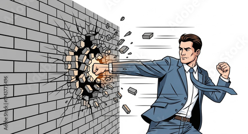 Businessman Breaking Through Brick Wall.