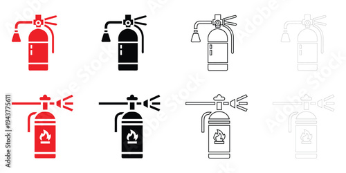 Fire extinguisher icon vector set, flame fighting symbol vector, silhouette and line art icon illustration