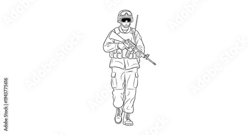 Soldier with Rifle Walking Forward, Military Uniform, Tactical Gear, Black and White Line Art