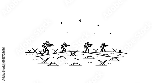 Soldiers advancing on battlefield with barbed wire and mines, minimalist line art