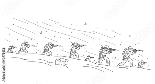 Soldiers Advancing Under Fire in a Stylized Sketch