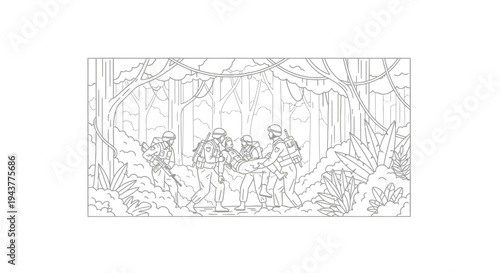 Soldiers carrying injured comrade through dense jungle, wartime rescue mission