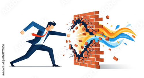 Businessman Breaking Through Brick Wall.