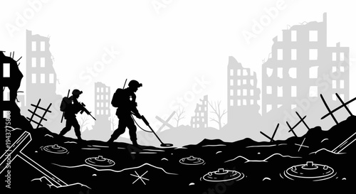Soldiers with metal detector in destroyed city, searching for mines, war aftermath