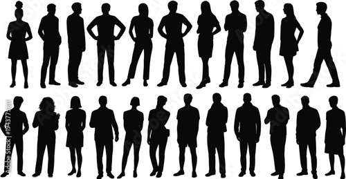 Large collection of people silhouettes standing in different poses isolated on white background, men and women crowd vector set