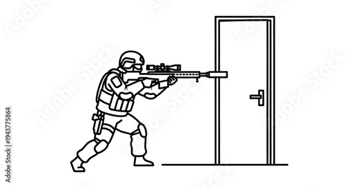 Special Forces Soldier Aims Sniper Rifle at Door, Tactical Entry, SWAT Team Concept