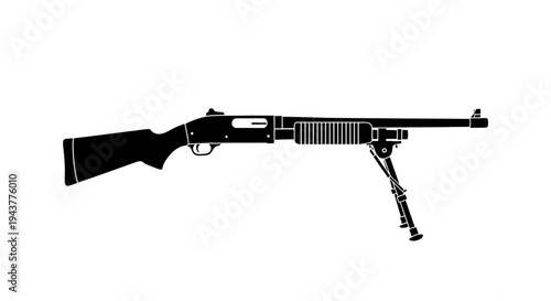 Tactical Shotgun with Bipod Silhouette - Black and White Illustration