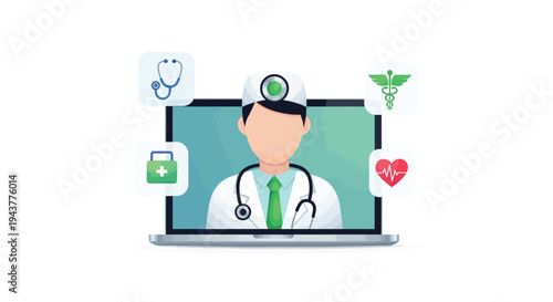 Vector illustration of doctor on laptop with medical icons