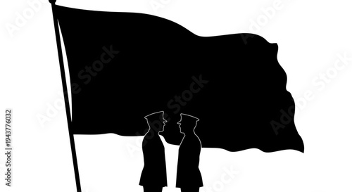 Two soldiers in uniform standing in front of a large black flag, silhouette