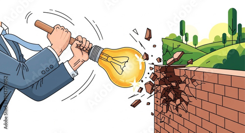 Businessman breaking through brick wall.