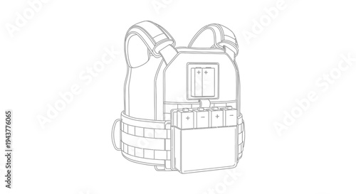 Tactical Vest with Pouches and Straps - Line Art Illustration