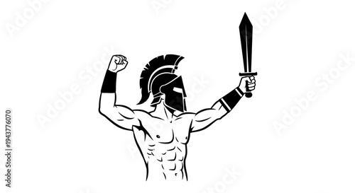Triumphant Spartan Warrior with Sword and Helmet, Raised Fist, Victory Pose, Black and White Illustration