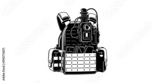 Tactical Vest with MOLLE System and Pouches - Black and White Illustration