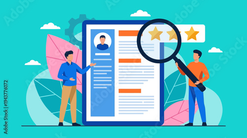 Human Resources Recruitment Concept Illustration with Tiny People Reviewing CV and Resume for Job Hiring Selection Process