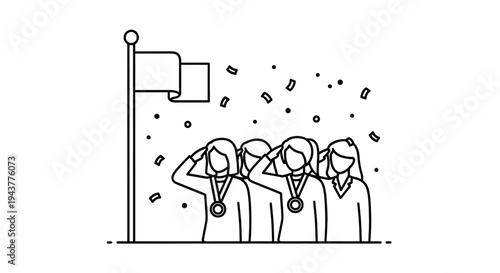 Team of women athletes celebrating victory with medals and confetti, saluting flag