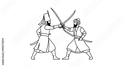 Two warriors in traditional attire clashing swords in a duel, historical combat illustration
