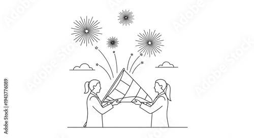 Two women celebrating success with fireworks and a checkered flag