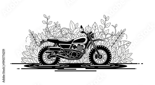 Vintage Motorcycle in Lush Greenery - Black and White Illustration