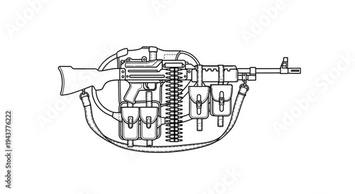 Vintage Machine Gun Blueprint with Ammunition Belt and Pouches