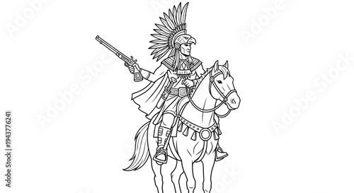 Warrior on Horseback with Feather Headdress and Sword, Indigenous Warrior, Historical Figure