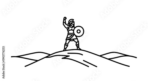 Warrior Standing on Hilltop with Shield Raised in Victory