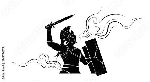 Warrior with sword and shield, silhouette, battle cry, ancient greek roman soldier