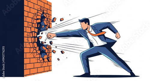 Businessman Breaking Through Brick Wall.