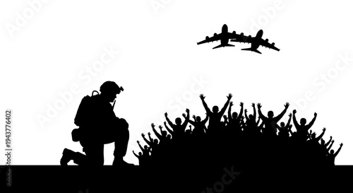 Soldier Kneeling, Crowd Cheering, Airplanes Flying - Silhouette of Hope and Victory