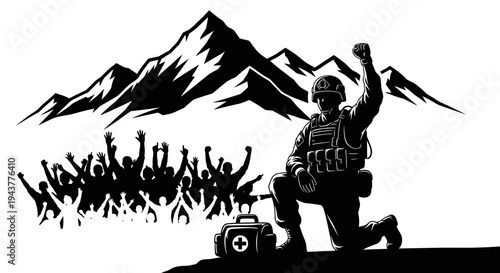 Soldier Kneels with Fist Raised in Victory, Crowd Cheers in Mountains