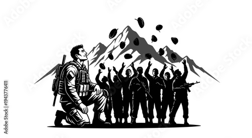 Soldier Kneeling, Troops Celebrating, Mountains, Grenades Falling