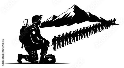 Soldier Kneeling with Medical Kit, Army Marching in Mountains Silhouette