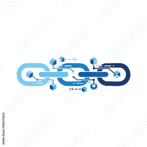 Abstract chain links connected by cubes and lines represent data flow