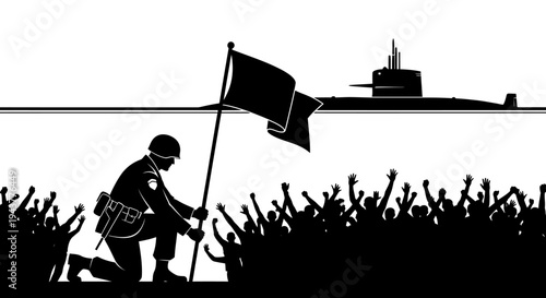Soldier plants flag amidst cheering crowd, submarine surfaces