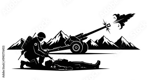Soldier Medic Tends Wounded Comrade Amidst Artillery Fire and Mountains