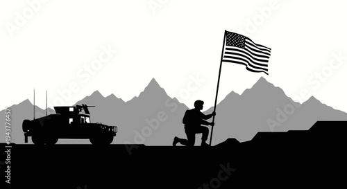 Soldier Planting American Flag Next to Military Vehicle on Mountainous Terrain