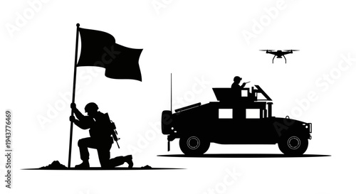 Soldier plants flag, military vehicle, drone, victory, war, modern combat concept