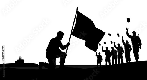 Soldier Kneels with Flag, Troops Celebrate Victory, Submarine Silhouette