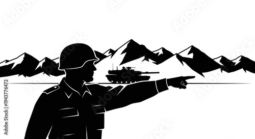 Soldier pointing direction with tank and mountains in background, military concept