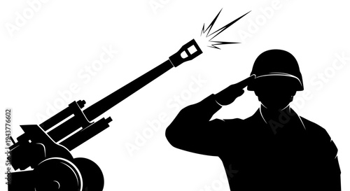 Soldier Saluting Artillery Gun Firing Silhouette