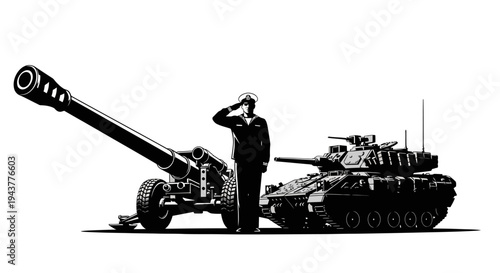 Soldier Saluting Beside Artillery Cannon and Tank, Military Power and Defense Concept