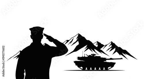 Soldier Saluting Tank Silhouette Against Mountain Landscape, Military Concept