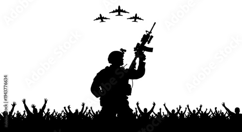 Soldier Silhouette with Fighter Jets and Cheering Crowd, Victory Celebration