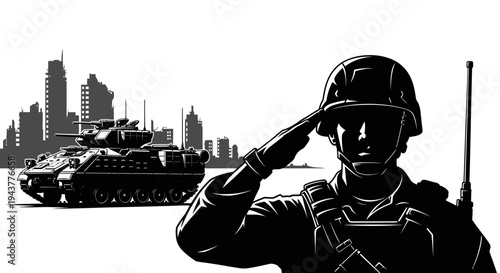 Soldier Saluting with Tank and Ruined City Background, Military Concept