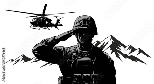 Soldier Saluting with Helicopter and Mountains in Background, Military Service