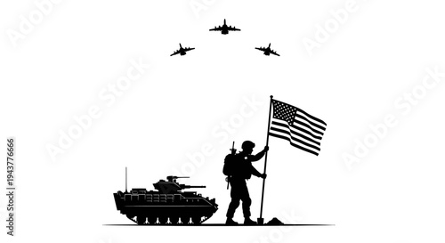 Soldier with American Flag, Tank, and Fighter Jets