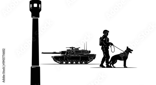 Soldier With Dog And Tank Silhouette Against White Background
