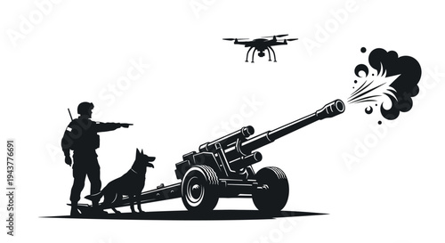 Soldier with Dog and Drone Operating Artillery Cannon in Combat Zone